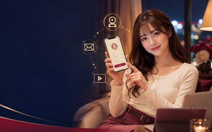 スマートフォンでFANZAの無料会員登録を進める成人女性のイメージ