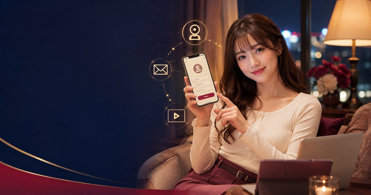 スマートフォンでFANZAの無料会員登録を進める成人女性のイメージ