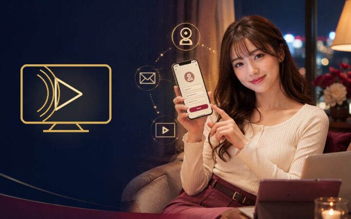 スマートフォンとテレビを使ってFANZA TVの視聴方法を確認する成人女性のイメージ