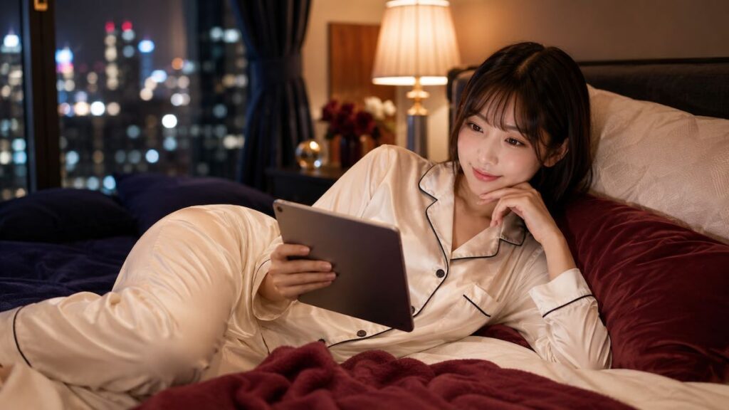 2枚目：
ベッドでタブレットを見る成人女性