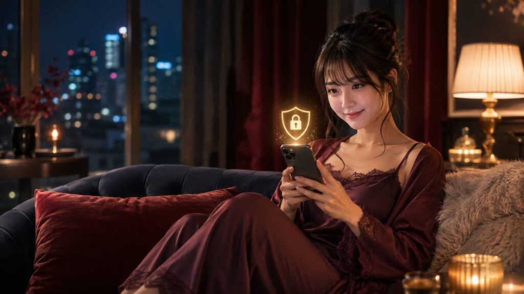 3枚目：
スマートフォンを操作しながらセキュリティを確認する成人女性