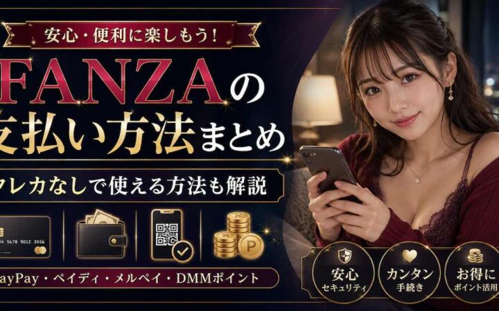 FANZAの支払い方法をスマートフォンで確認する成人女性と、クレジットカード・スマホ決済・DMMポイントのイメージ