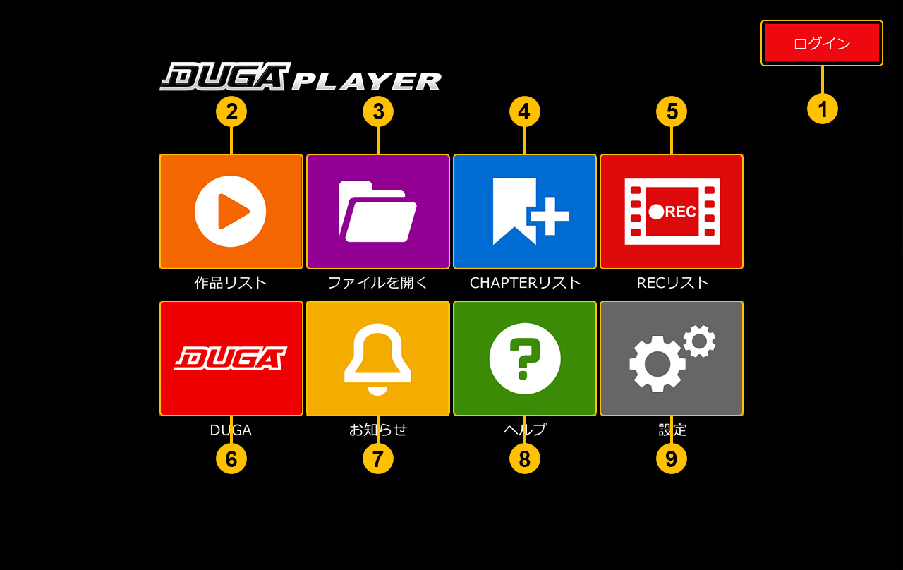 DUGA Playerのトップ画面と作品リスト・設定・ログインボタン