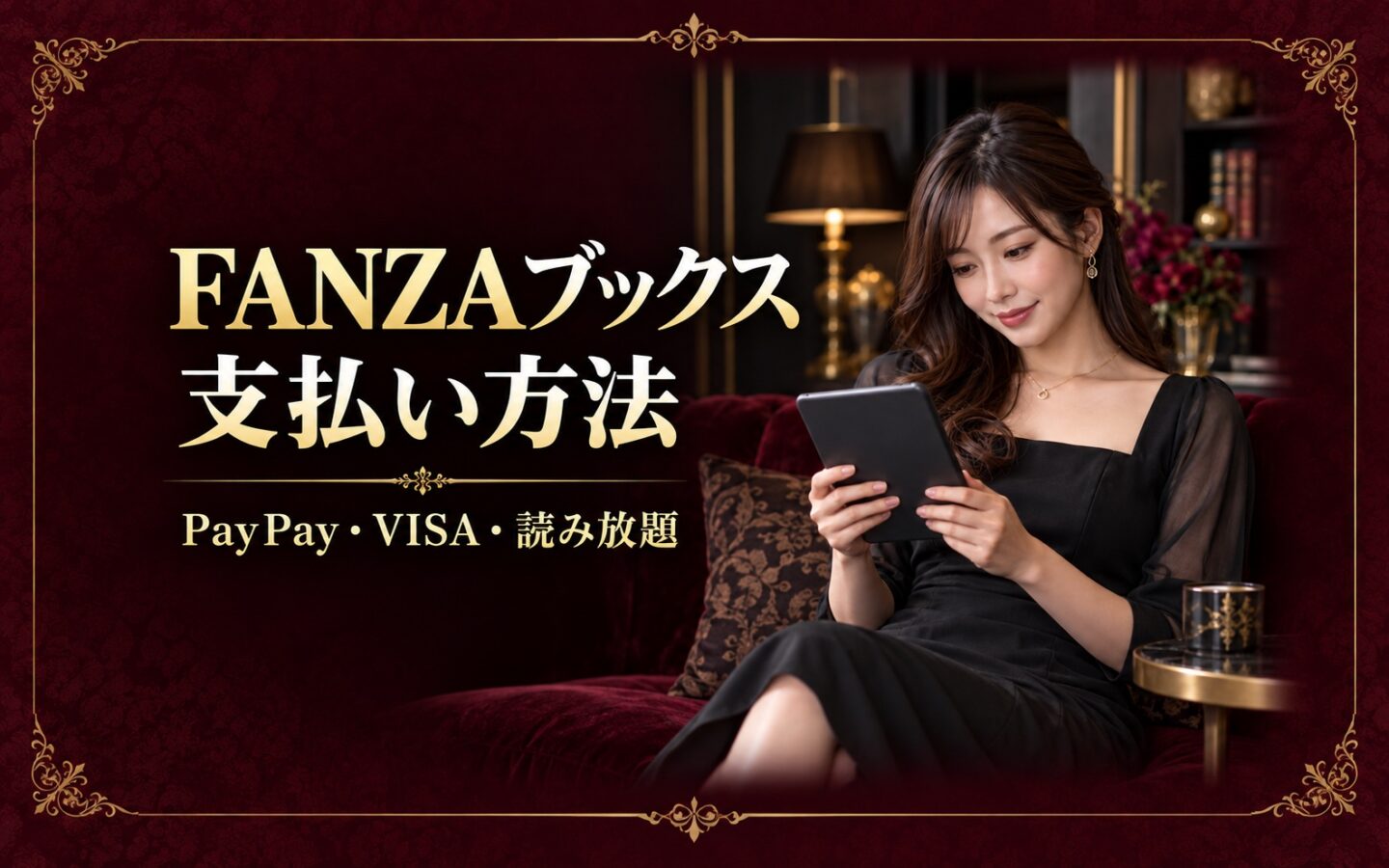 FANZAブックスの支払い方法を調べる女性と、PayPay・VISA・読み放題の文字を見切れない余白で配置した画像
