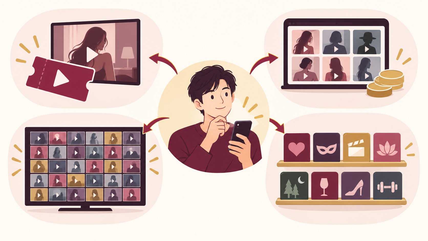 FANZAの単品購入・FANZA TV・FANZA TV Plus・ジャンル別月額動画という4つの選択肢を表した図解